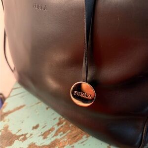 Furla Black Leather Tote Bag with accent silver charm